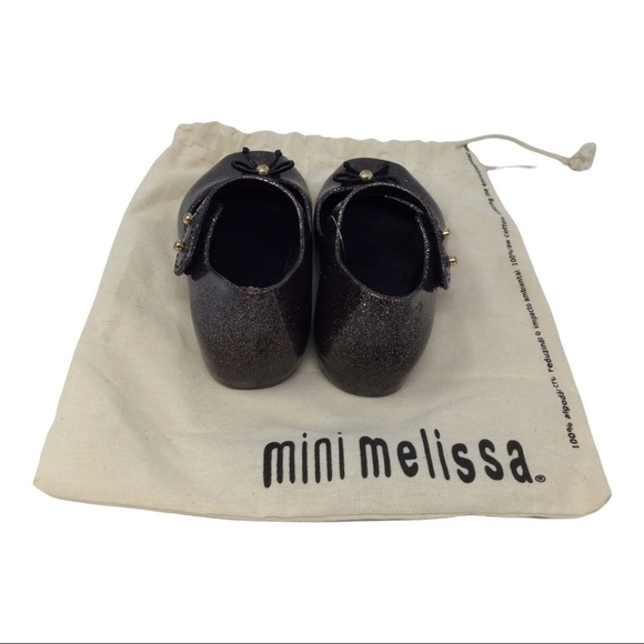 Mini Melissa Black Mary Jane Ballet Flats Glitter Shoes - Picture 4 of 7